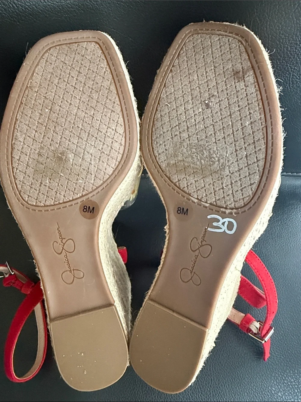 Jessica Simpson Red Suede Espadrille Wedge Sandals with Floral Clear Straps